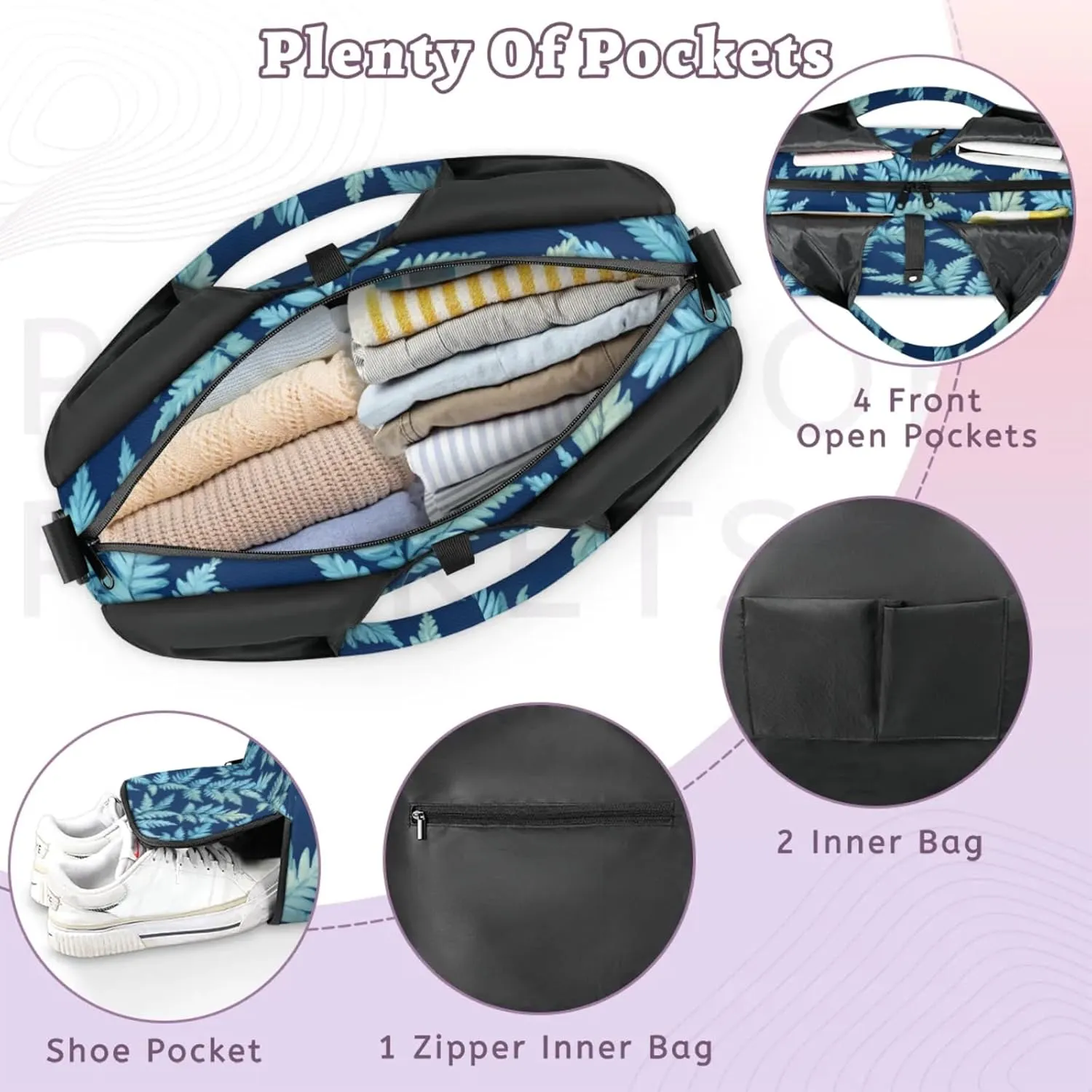 Gym Bag for Women Fern Leaves Theme Duffel Bag with Shoe Compartment and Yoga Mat Holder Portable Weekender Bags Travel Tote Bags