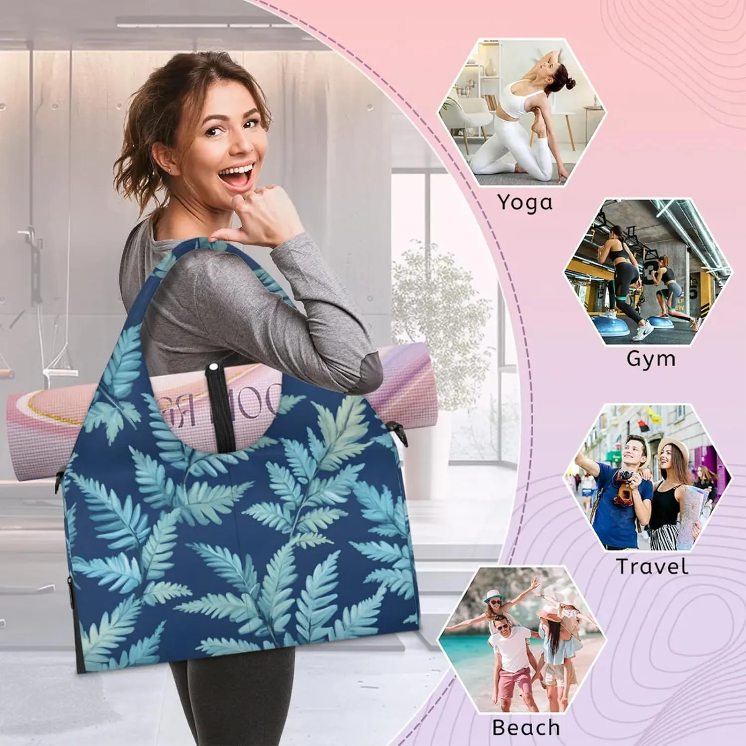 Gym Bag for Women Fern Leaves Theme Duffel Bag with Shoe Compartment and Yoga Mat Holder Portable Weekender Bags Travel Tote Bags