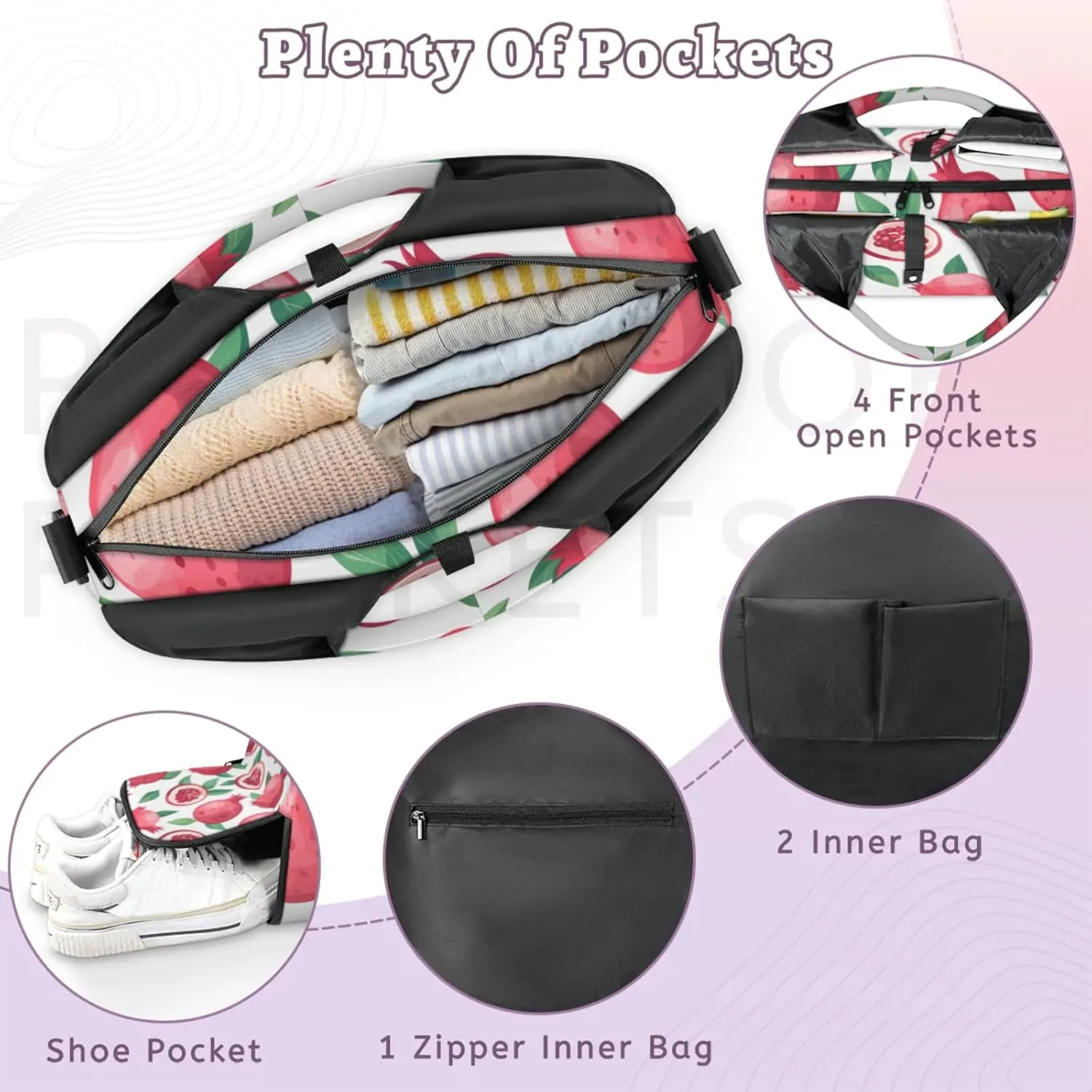 Gym Bag for Women Pomegranates Duffel Bag with Shoe Compartment and Yoga Mat Holder Portable Weekender Bags Travel Tote Bags