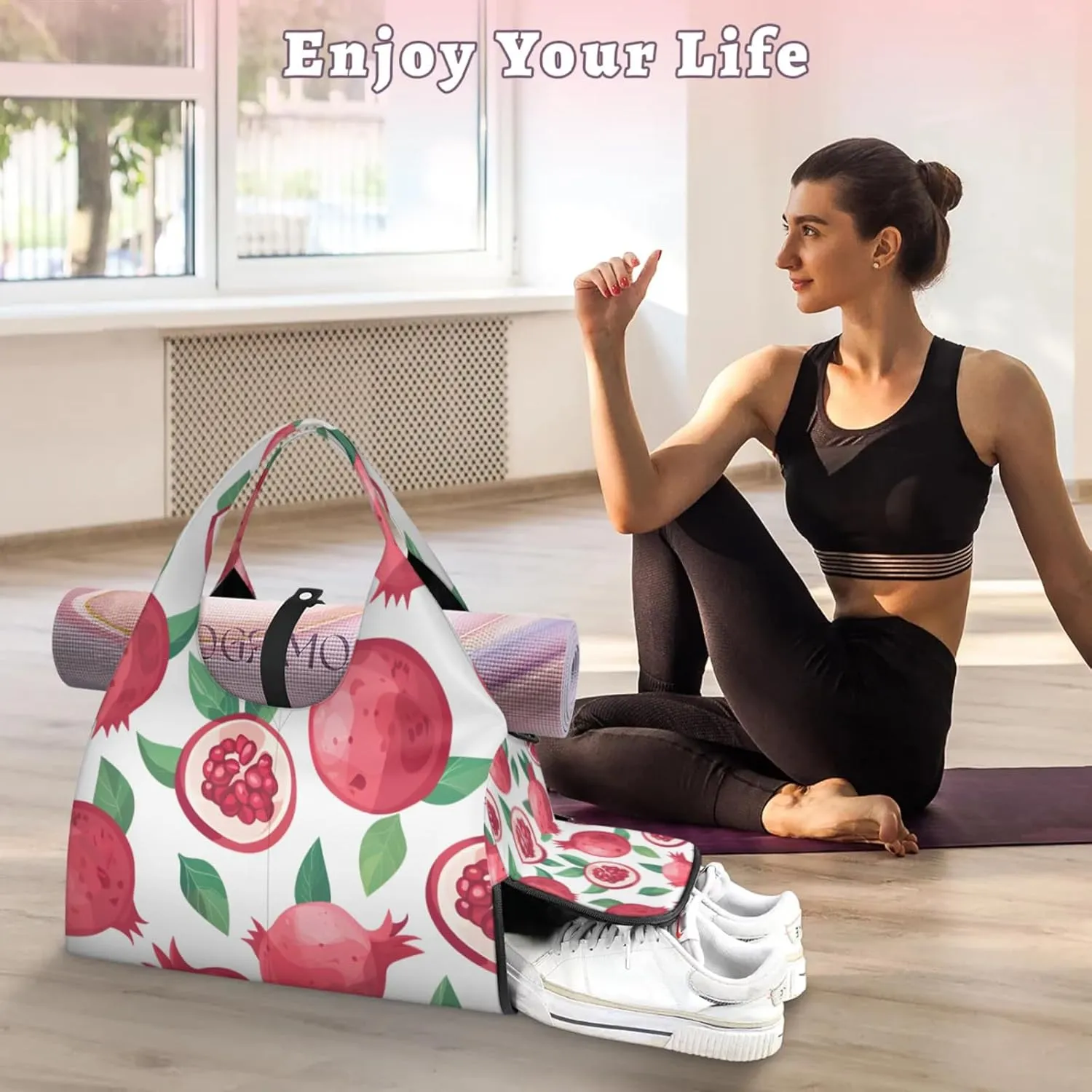 Gym Bag for Women Pomegranates Duffel Bag with Shoe Compartment and Yoga Mat Holder Portable Weekender Bags Travel Tote Bags
