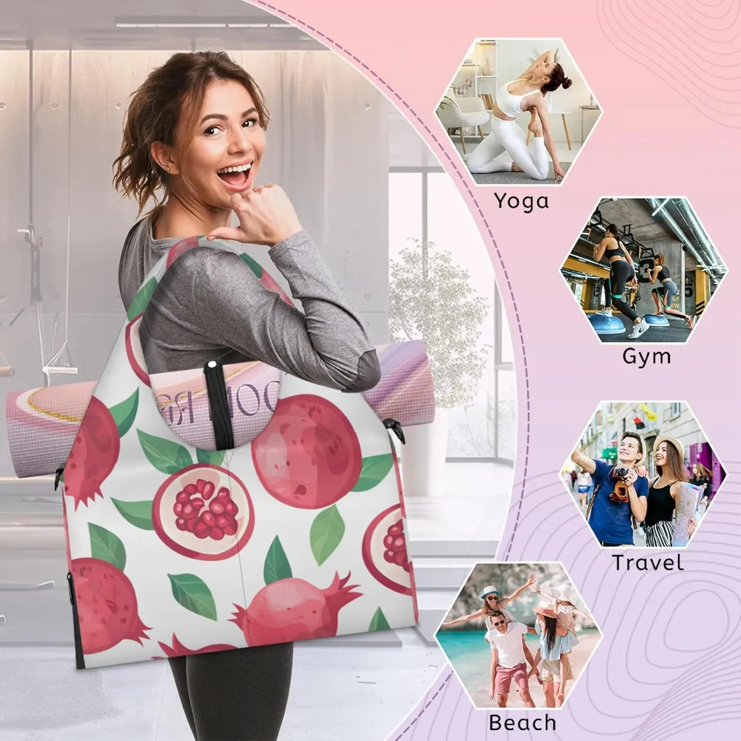 Gym Bag for Women Pomegranates Duffel Bag with Shoe Compartment and Yoga Mat Holder Portable Weekender Bags Travel Tote Bags