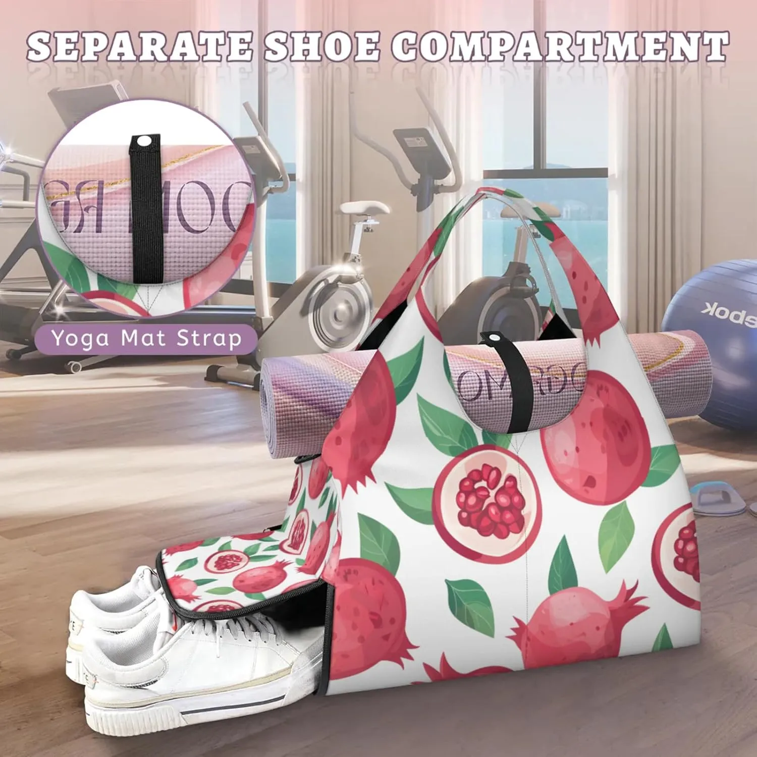 Gym Bag for Women Pomegranates Duffel Bag with Shoe Compartment and Yoga Mat Holder Portable Weekender Bags Travel Tote Bags