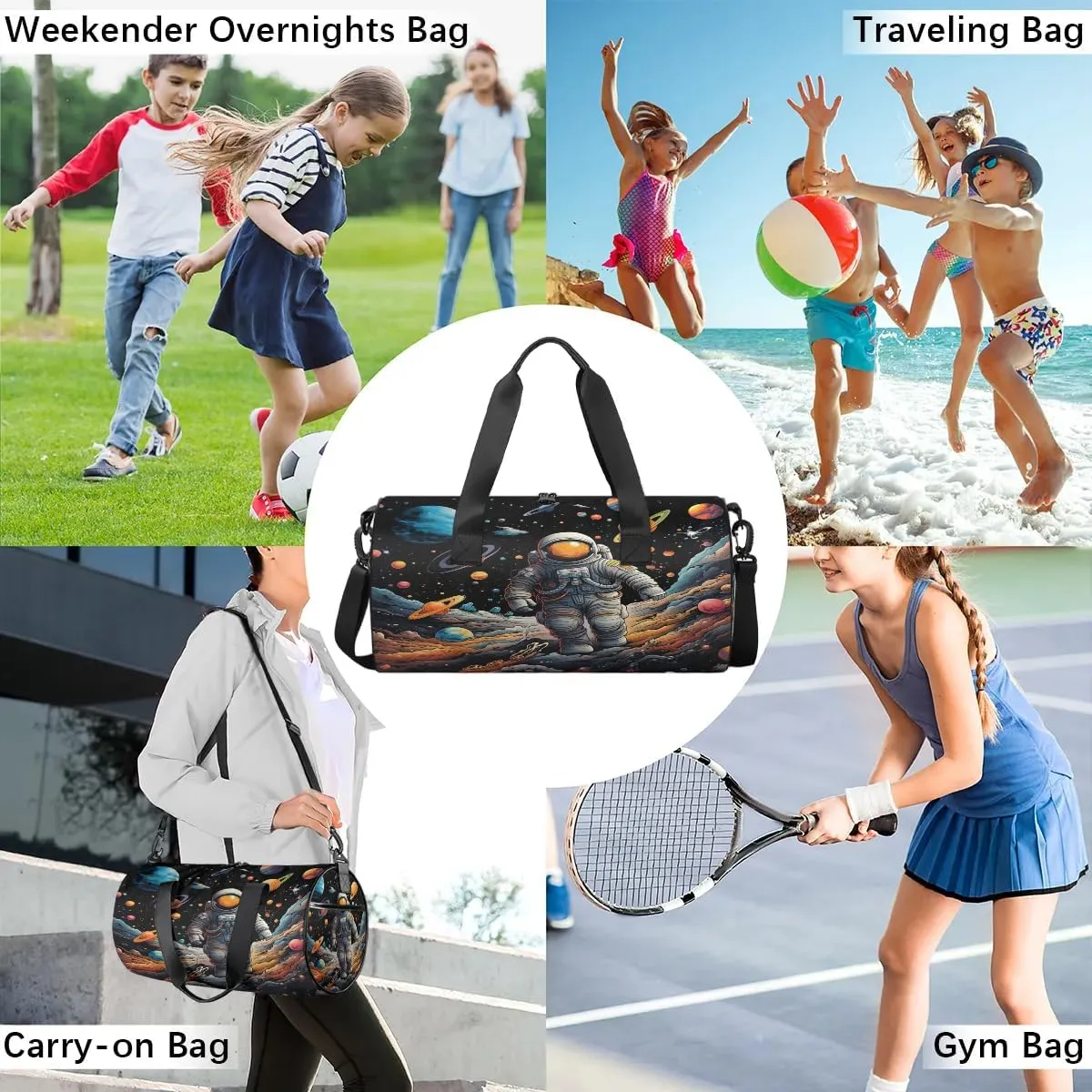 Gym Bags for Men Women Astronaut Planets Sports Duffel Bags Carry On Travel Duffle Bag with Detachable Adjustable Shoulder Strap Overnight Weekender Bag