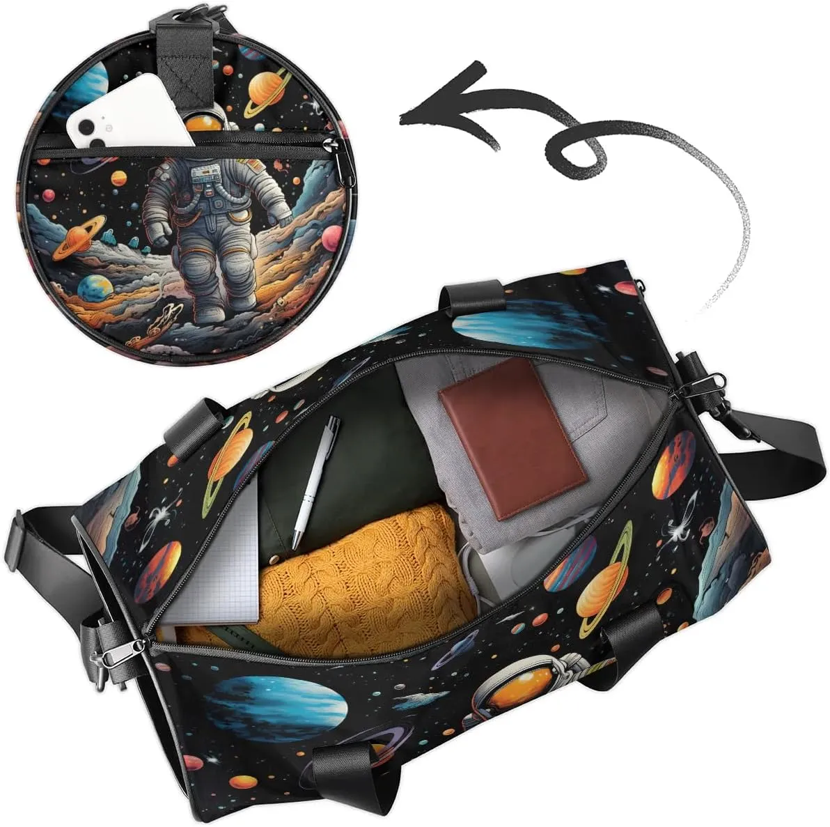 Gym Bags for Men Women Astronaut Planets Sports Duffel Bags Carry On Travel Duffle Bag with Detachable Adjustable Shoulder Strap Overnight Weekender Bag