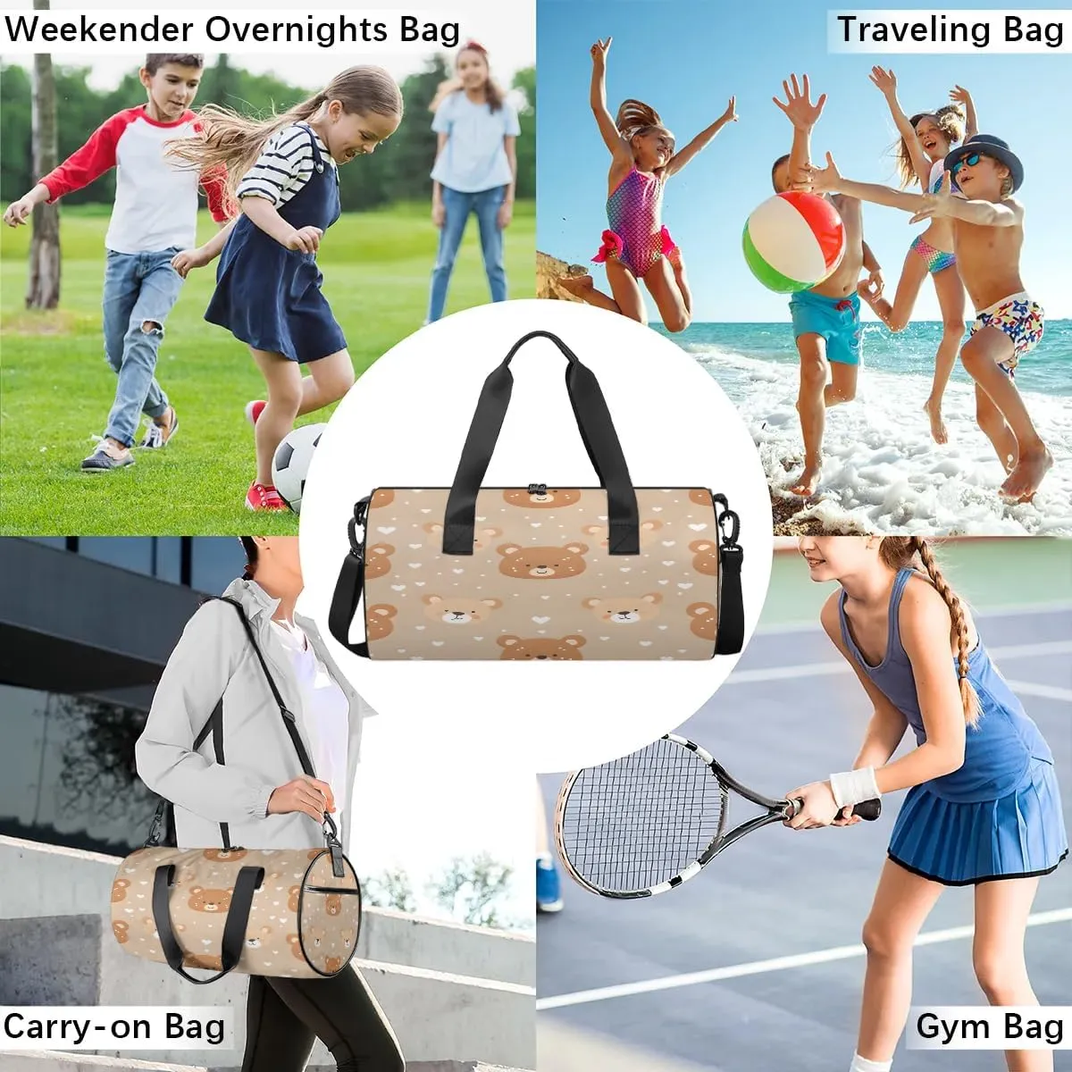 Gym Bags for Men Women Bears Love Heart Sports Duffel Bags Carry On Travel Duffle Bag with Detachable Adjustable Shoulder Strap Overnight Weekender Bag