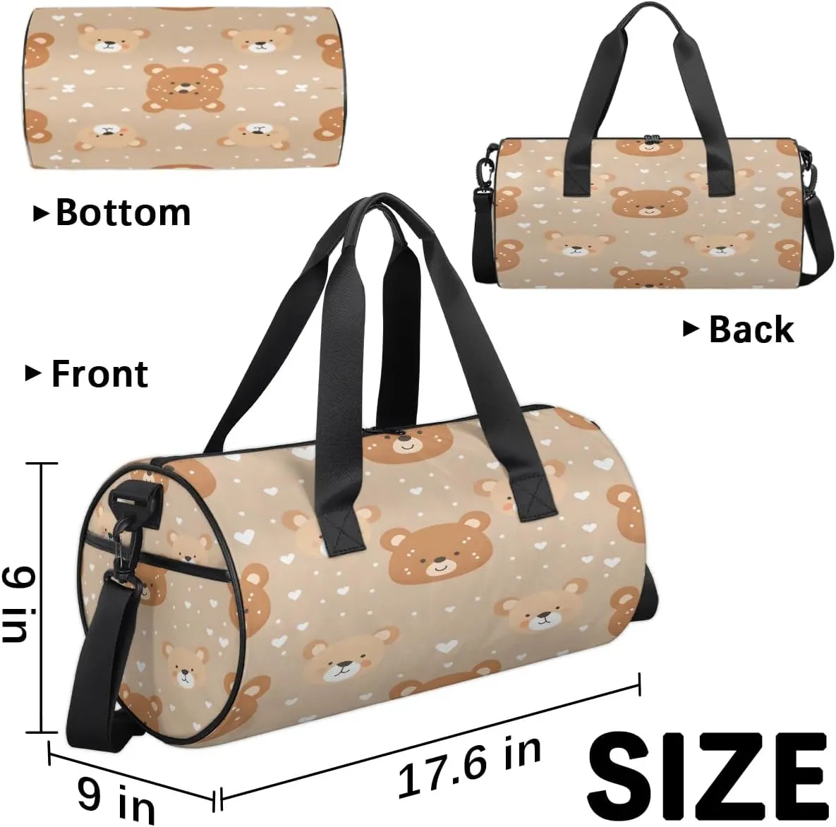 Gym Bags for Men Women Bears Love Heart Sports Duffel Bags Carry On Travel Duffle Bag with Detachable Adjustable Shoulder Strap Overnight Weekender Bag