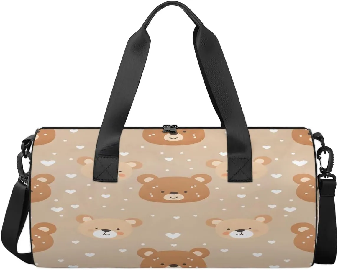 Gym Bags for Men Women Bears Love Heart Sports Duffel Bags Carry On Travel Duffle Bag with Detachable Adjustable Shoulder Strap Overnight Weekender Bag