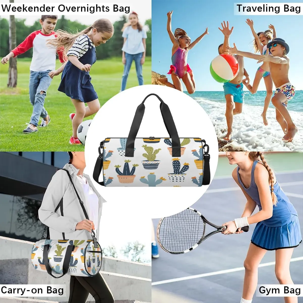 Gym Bags for Men Women Cartoon Cactus Plant Sports Duffel Bags Carry On Travel Duffle Bag with Detachable Adjustable Shoulder Strap Overnight Weekender Bag