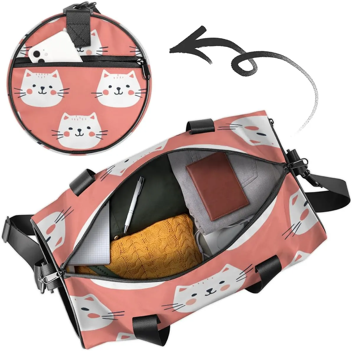 Gym Bags for Men Women Cat Face Sports Duffel Bags Carry On Travel Duffle Bag with Detachable Adjustable Shoulder Strap Overnight Weekender Bag