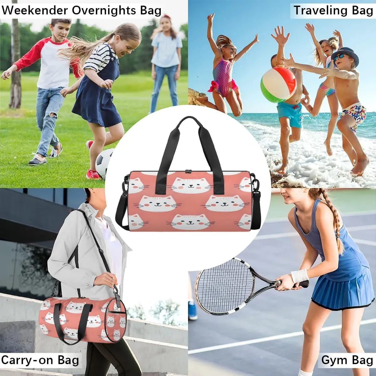 Gym Bags for Men Women Cat Face Sports Duffel Bags Carry On Travel Duffle Bag with Detachable Adjustable Shoulder Strap Overnight Weekender Bag