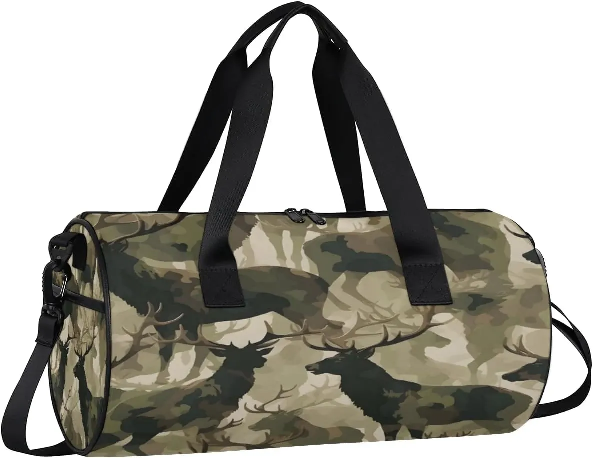 Gym Bags for Men Women Deer Camo Sports Duffel Bags Carry On Travel Duffle Bag with Detachable Adjustable Shoulder Strap Overnight Weekender Bag