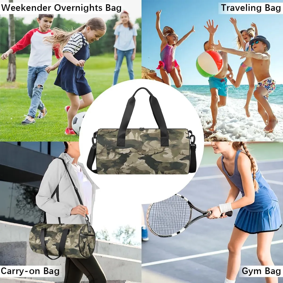 Gym Bags for Men Women Deer Camo Sports Duffel Bags Carry On Travel Duffle Bag with Detachable Adjustable Shoulder Strap Overnight Weekender Bag