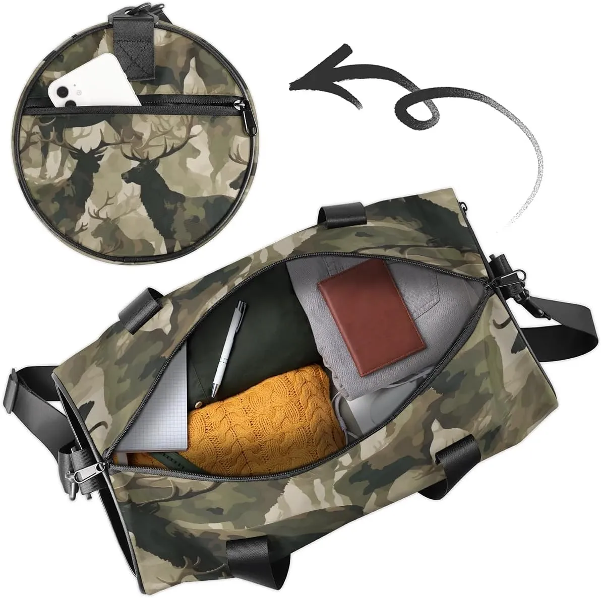 Gym Bags for Men Women Deer Camo Sports Duffel Bags Carry On Travel Duffle Bag with Detachable Adjustable Shoulder Strap Overnight Weekender Bag