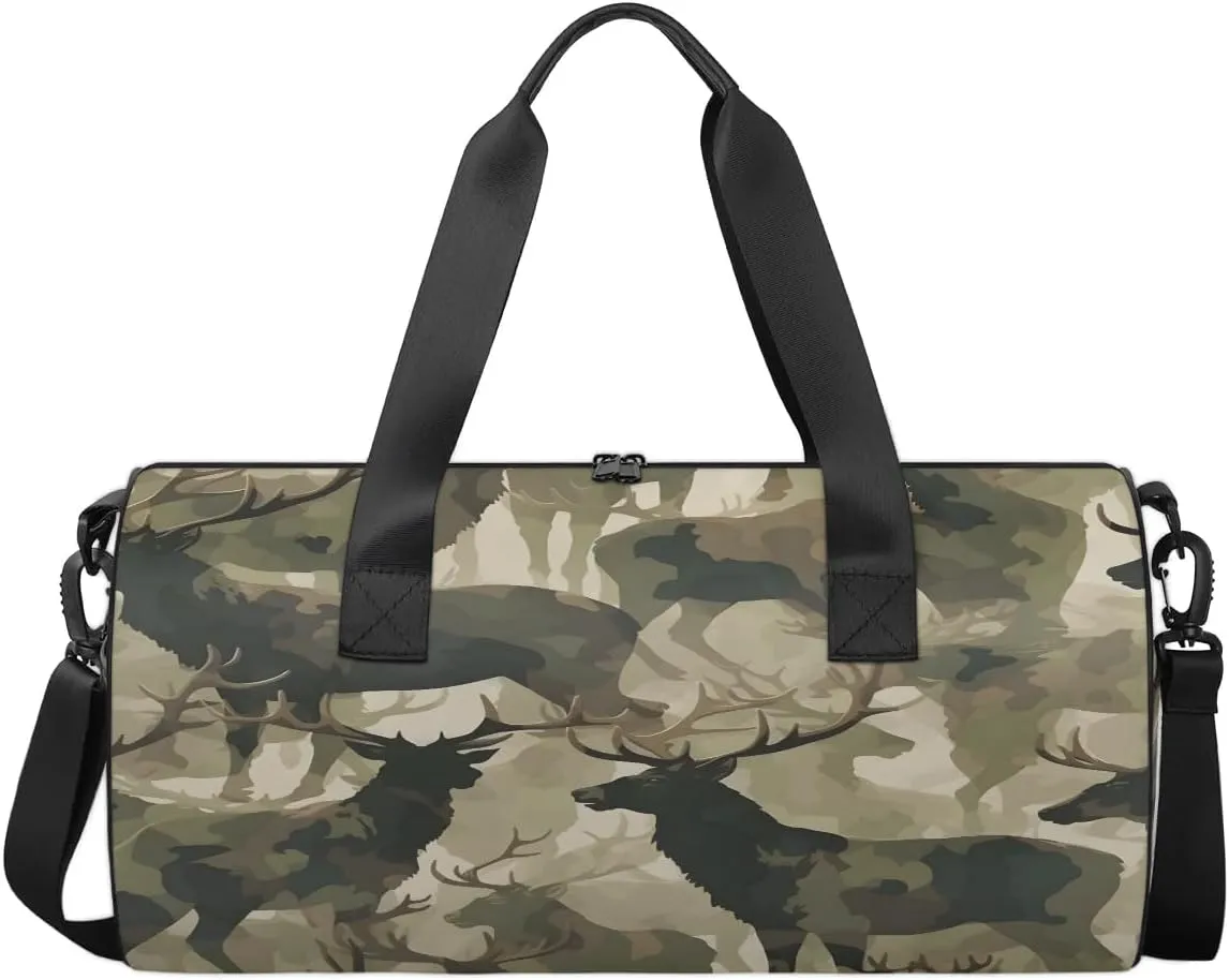 Gym Bags for Men Women Deer Camo Sports Duffel Bags Carry On Travel Duffle Bag with Detachable Adjustable Shoulder Strap Overnight Weekender Bag