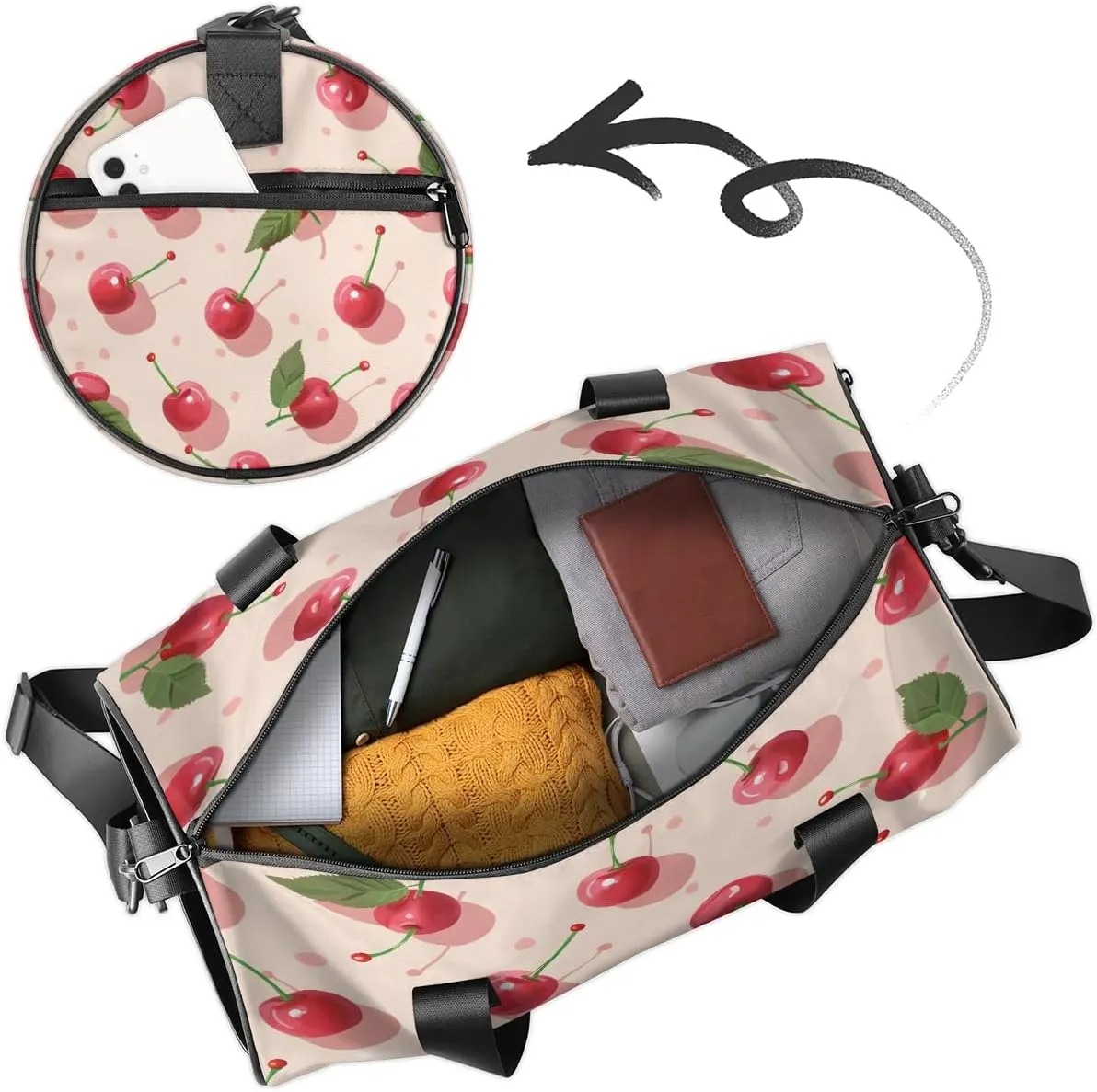 Gym Bags for Men Women Delicious Cherries Sports Duffel Bags Carry On Travel Duffle Bag with Detachable Adjustable Shoulder Strap Overnight Weekender Bag