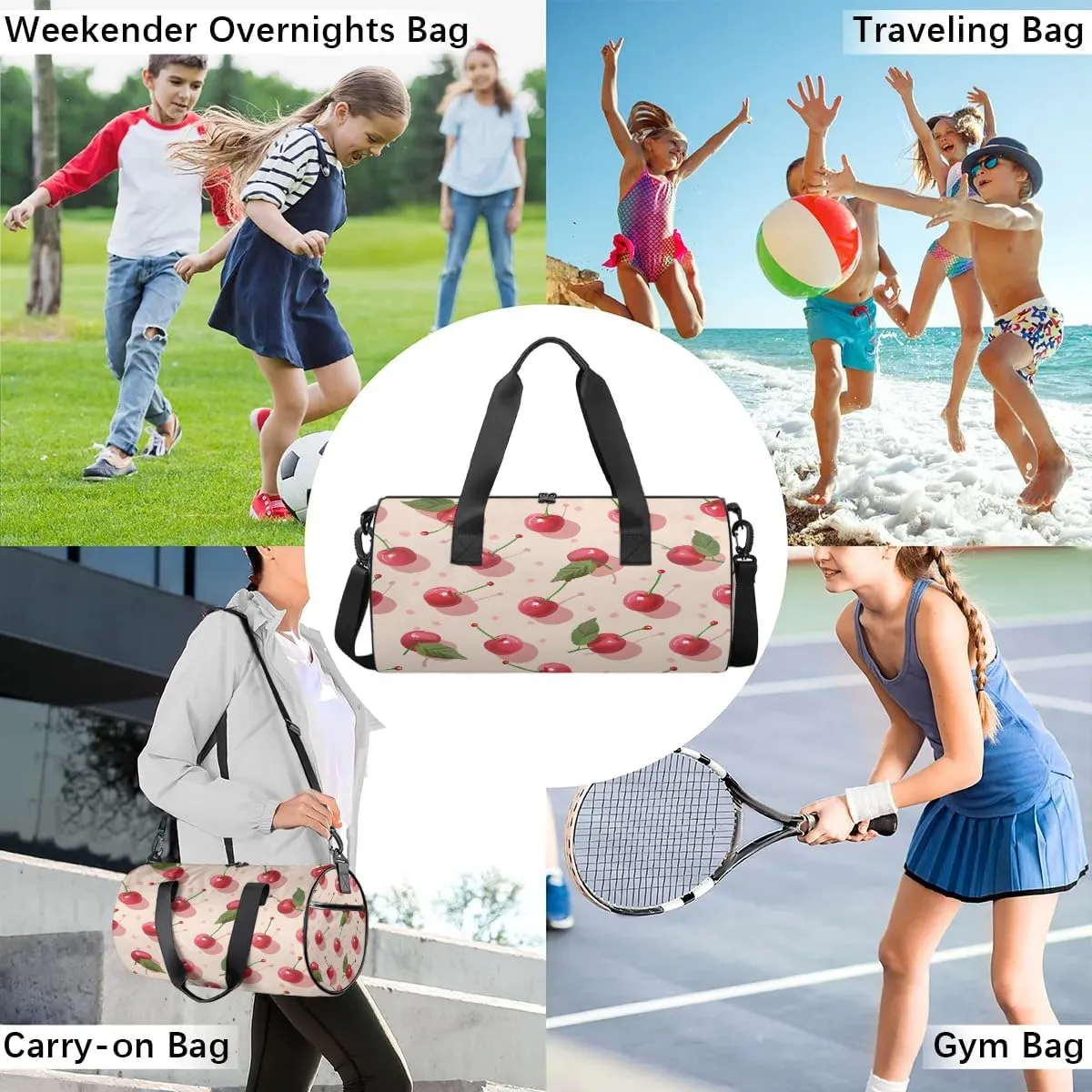 Gym Bags for Men Women Delicious Cherries Sports Duffel Bags Carry On Travel Duffle Bag with Detachable Adjustable Shoulder Strap Overnight Weekender Bag