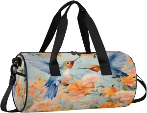 Gym Bags for Men Women Flowers Hummingbirds Sports Duffel Bags Carry On Travel Duffle Bag with Detachable Adjustable Shoulder Strap Overnight Weekender Bag
