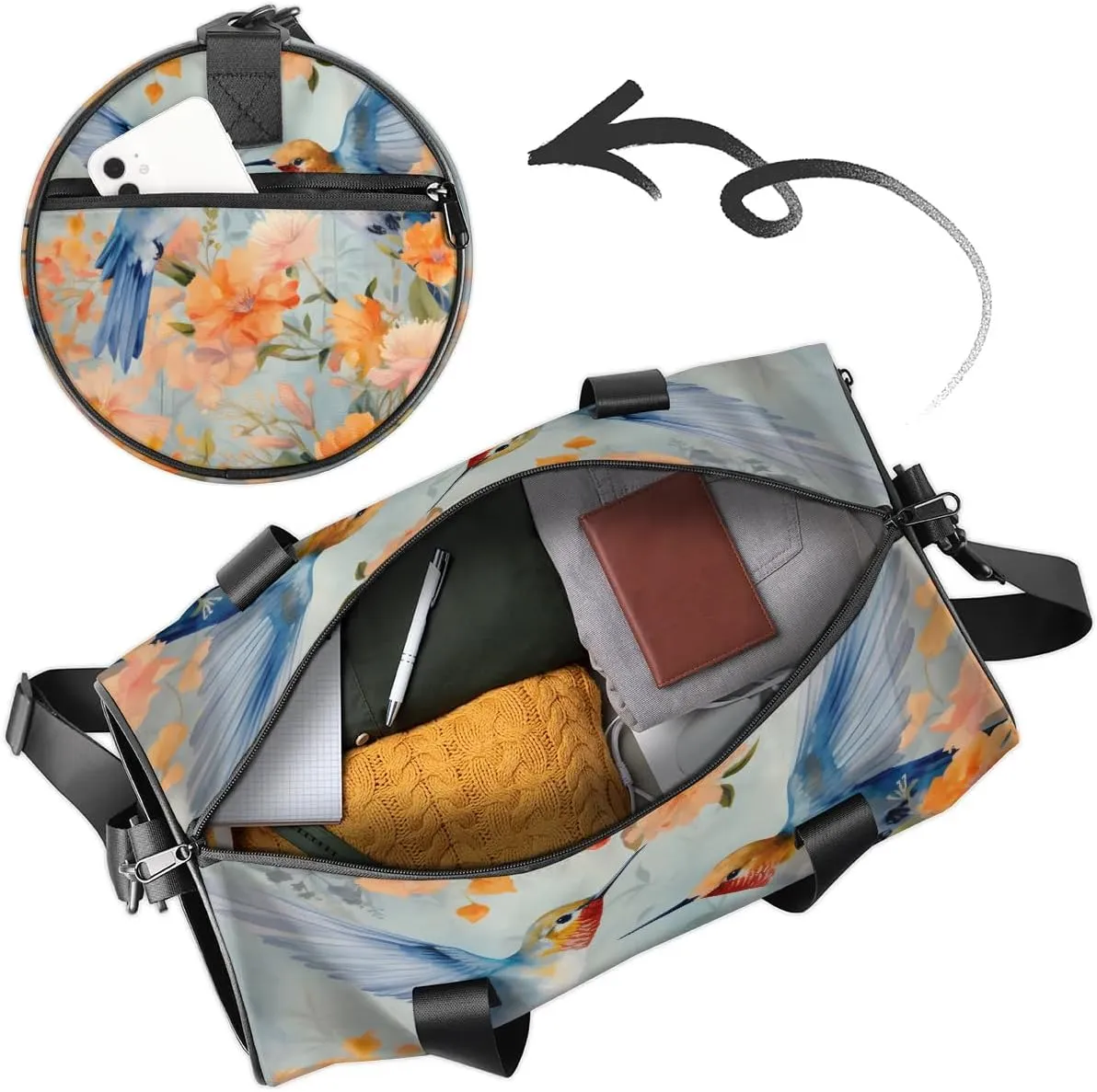 Gym Bags for Men Women Flowers Hummingbirds Sports Duffel Bags Carry On Travel Duffle Bag with Detachable Adjustable Shoulder Strap Overnight Weekender Bag
