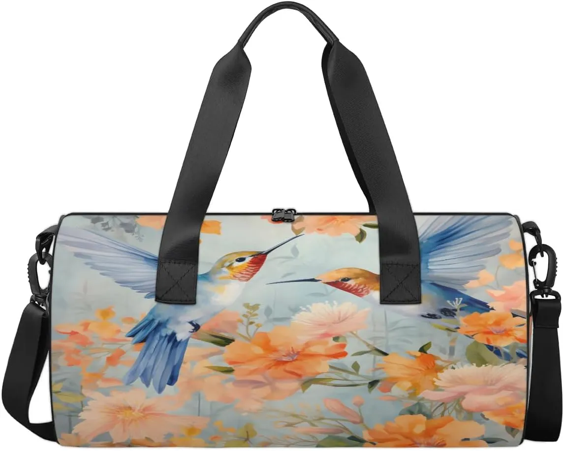 Gym Bags for Men Women Flowers Hummingbirds Sports Duffel Bags Carry On Travel Duffle Bag with Detachable Adjustable Shoulder Strap Overnight Weekender Bag