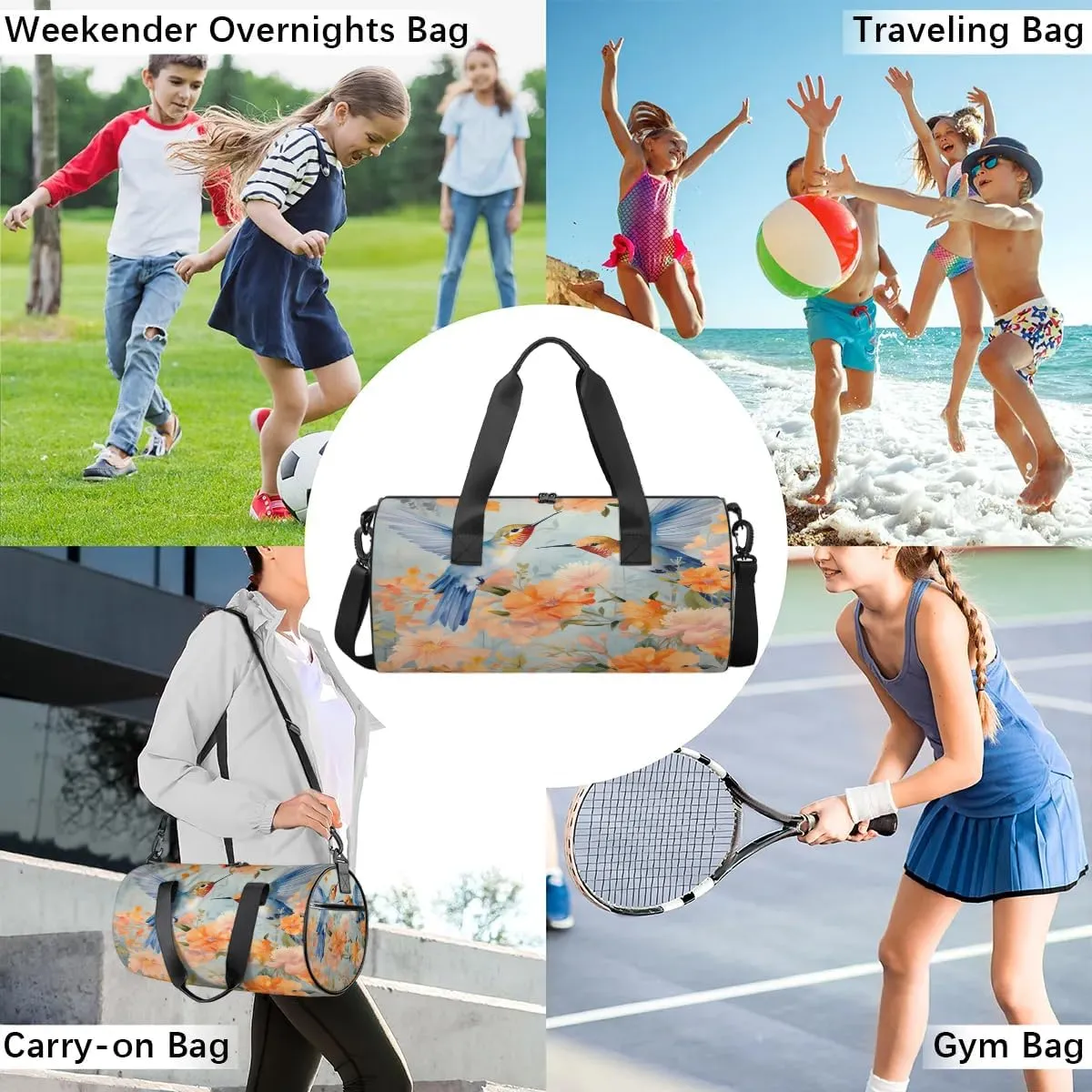 Gym Bags for Men Women Flowers Hummingbirds Sports Duffel Bags Carry On Travel Duffle Bag with Detachable Adjustable Shoulder Strap Overnight Weekender Bag