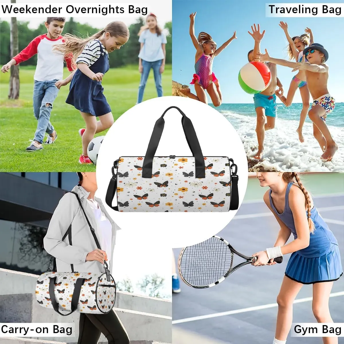 Gym Bags for Men Women Little Butterflies Sports Duffel Bags Carry On Travel Duffle Bag with Detachable Adjustable Shoulder Strap Overnight Weekender Bag