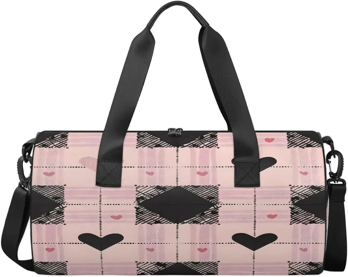 Gym Bags for Men Women Love Heart Plaids Sports Duffel Bags Carry On Travel Duffle Bag with Detachable Adjustable Shoulder Strap Overnight Weekender Bag