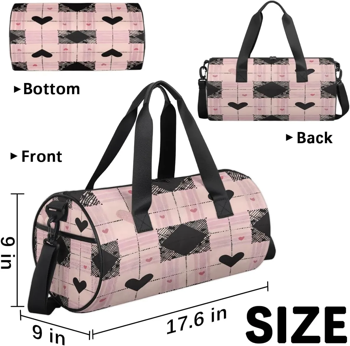 Gym Bags for Men Women Love Heart Plaids Sports Duffel Bags Carry On Travel Duffle Bag with Detachable Adjustable Shoulder Strap Overnight Weekender Bag