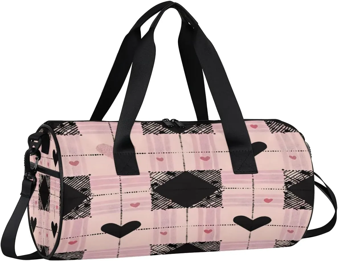 Gym Bags for Men Women Love Heart Plaids Sports Duffel Bags Carry On Travel Duffle Bag with Detachable Adjustable Shoulder Strap Overnight Weekender Bag