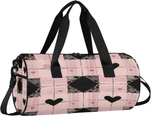Gym Bags for Men Women Love Heart Plaids Sports Duffel Bags Carry On Travel Duffle Bag with Detachable Adjustable Shoulder Strap Overnight Weekender Bag