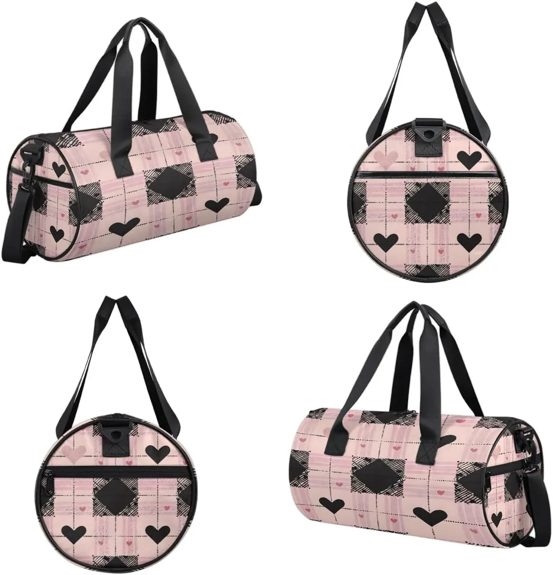Gym Bags for Men Women Love Heart Plaids Sports Duffel Bags Carry On Travel Duffle Bag with Detachable Adjustable Shoulder Strap Overnight Weekender Bag