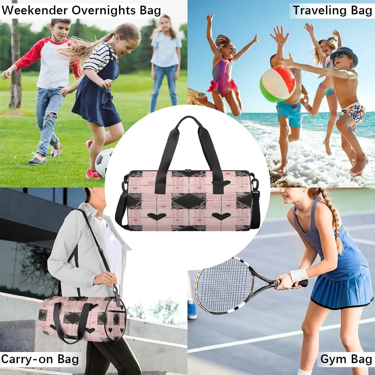 Gym Bags for Men Women Love Heart Plaids Sports Duffel Bags Carry On Travel Duffle Bag with Detachable Adjustable Shoulder Strap Overnight Weekender Bag