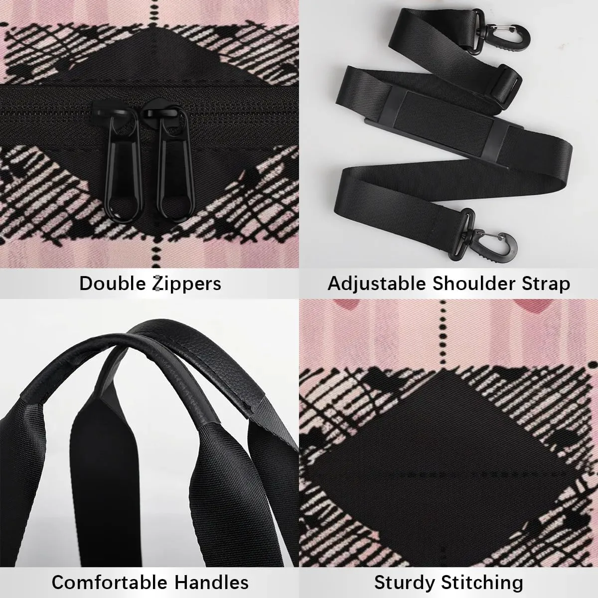 Gym Bags for Men Women Love Heart Plaids Sports Duffel Bags Carry On Travel Duffle Bag with Detachable Adjustable Shoulder Strap Overnight Weekender Bag