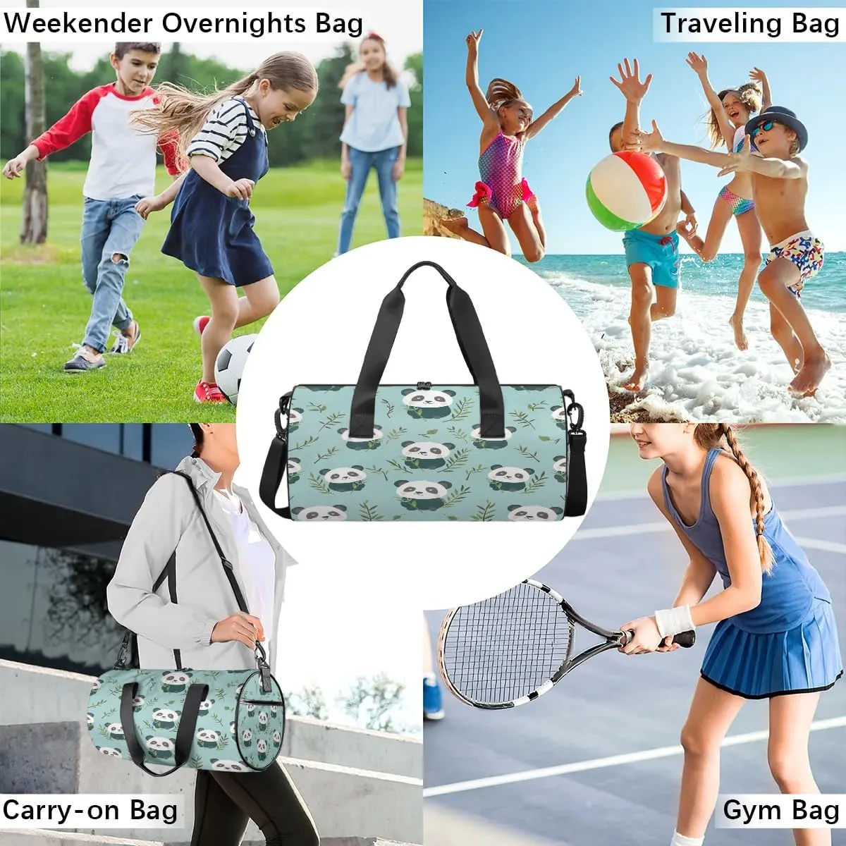 Gym Bags for Men Women Panda Leaf Sports Duffel Bags Carry On Travel Duffle Bag with Detachable Adjustable Shoulder Strap Overnight Weekender Bag