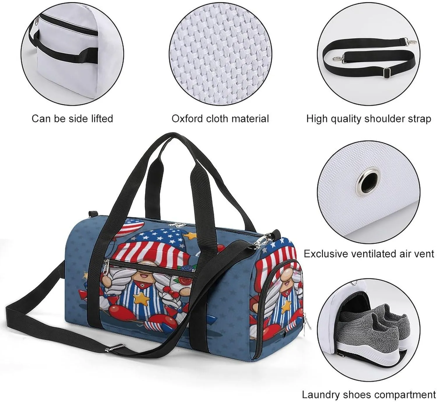 Gym Duffel Bag with Shoe Compartment Wet Pocket, Happy 4th July Gnome Travel Bag for Men Women, style-1