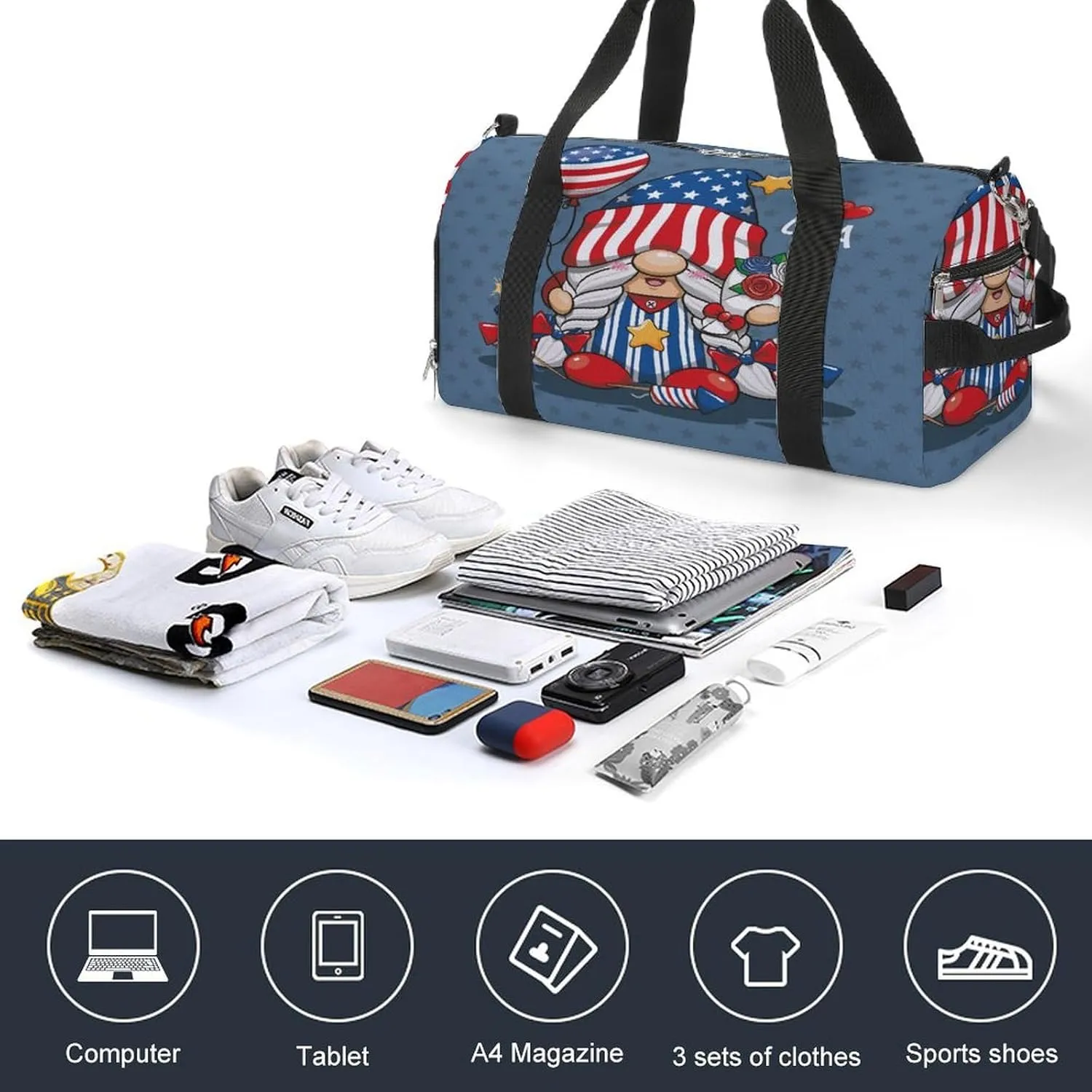 Gym Duffel Bag with Shoe Compartment Wet Pocket, Happy 4th July Gnome Travel Bag for Men Women, style-1