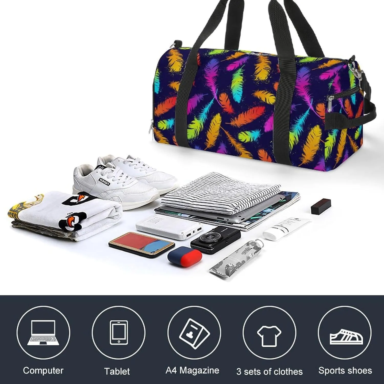 Gym Duffel Bag with Shoe Compartment Wet Pocket, Pretty Colored Feathers Travel Bag for Men Women