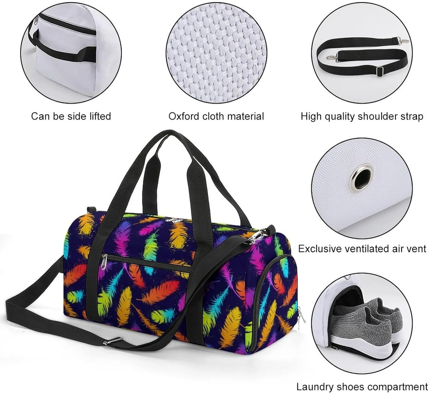 Gym Duffel Bag with Shoe Compartment Wet Pocket, Pretty Colored Feathers Travel Bag for Men Women