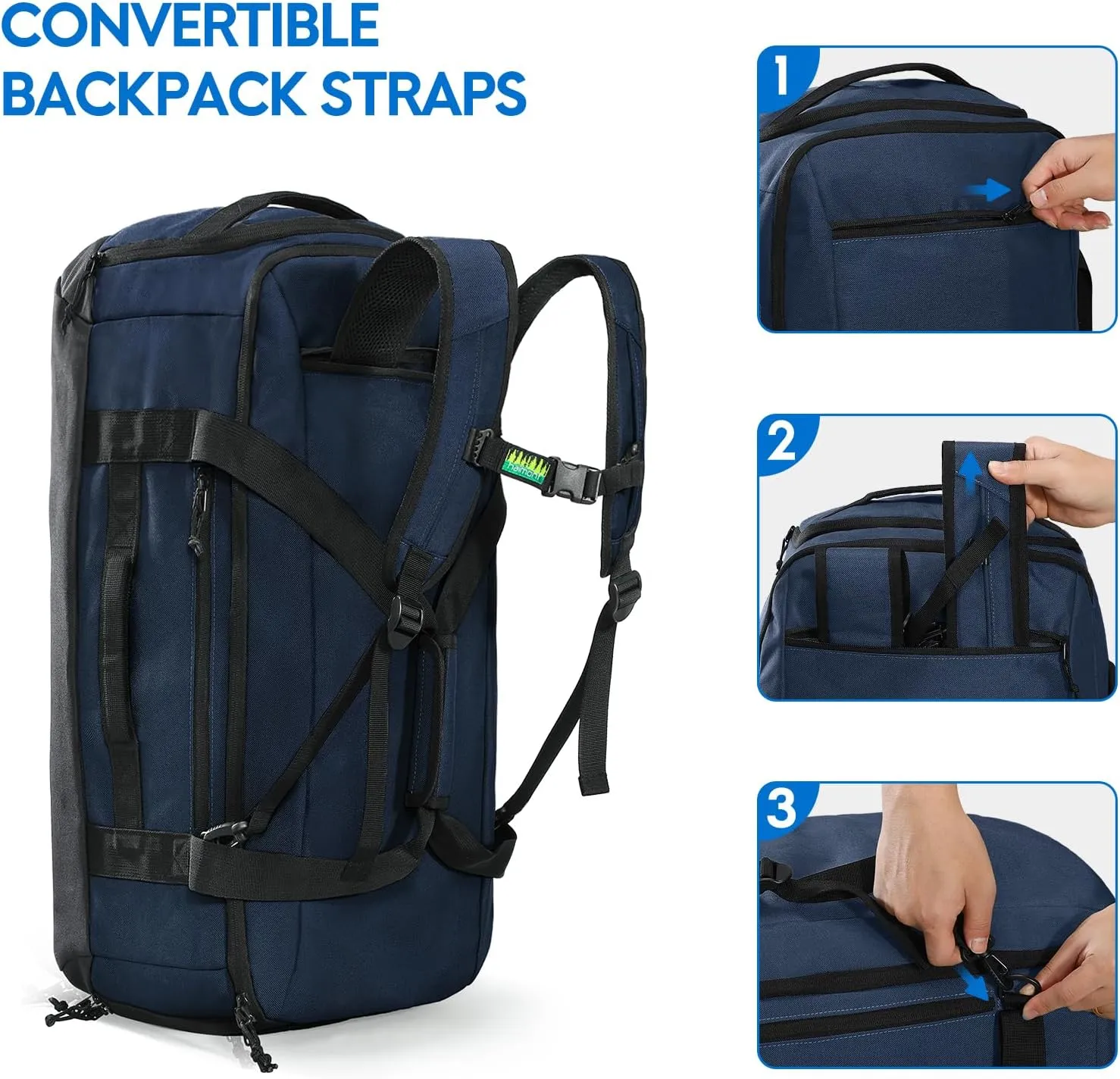 Haimont 60L Large Duffel Bag Backpack for Men Women, Travel Bag with Shoes Compartment, Convertible Duffel Backpack, Sports, Camping, Overnight, Water-Resistant, Navy Blue