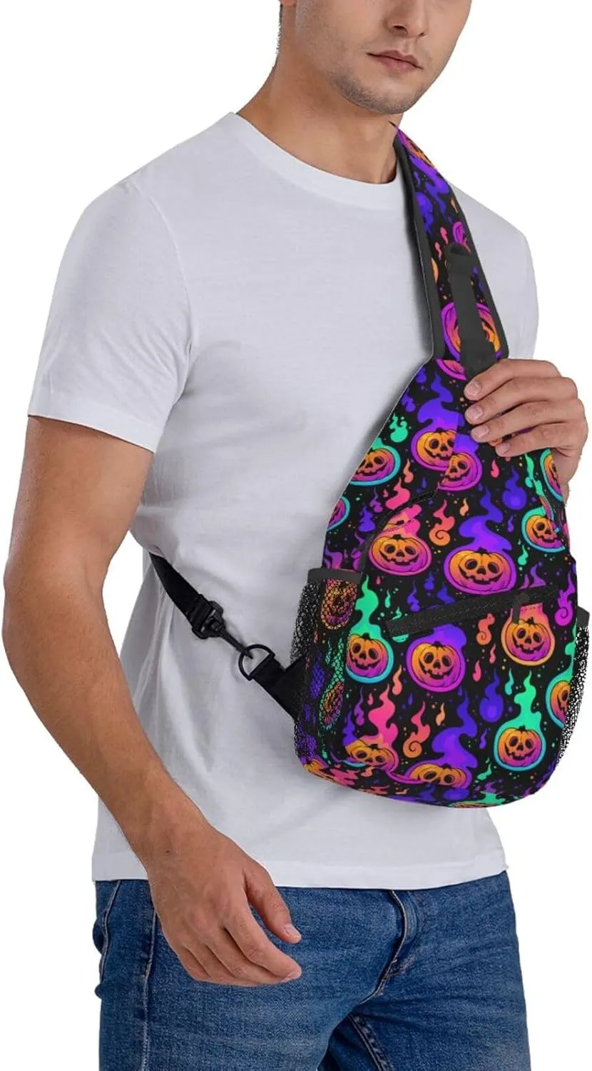 Halloween Bright Pumpkins Burning With Flames Crossbody Sling Bag For Women Men Adjustable Lightweight Chest Bag Shoulder Bag Sling Backpack Casual Daypack For Sport Travel Hiking