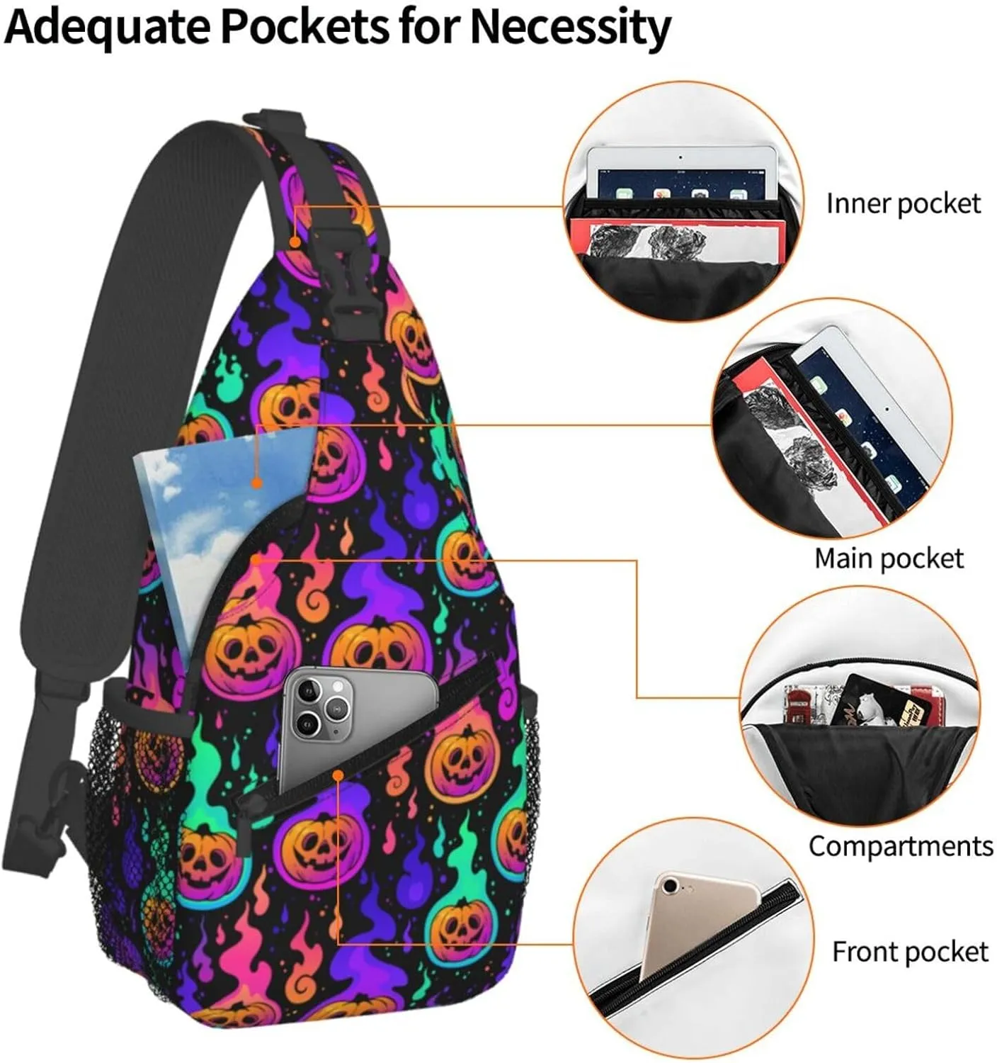 Halloween Bright Pumpkins Burning With Flames Crossbody Sling Bag For Women Men Adjustable Lightweight Chest Bag Shoulder Bag Sling Backpack Casual Daypack For Sport Travel Hiking