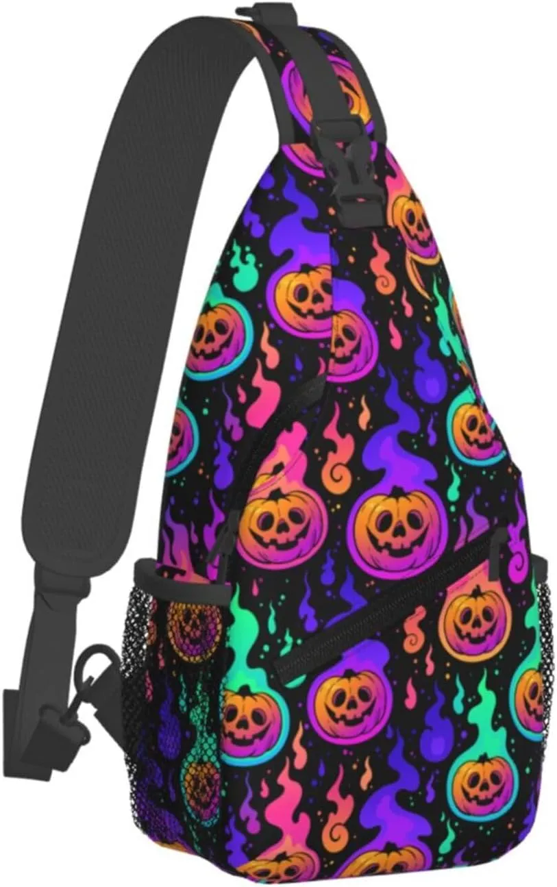 Halloween Bright Pumpkins Burning With Flames Crossbody Sling Bag For Women Men Adjustable Lightweight Chest Bag Shoulder Bag Sling Backpack Casual Daypack For Sport Travel Hiking