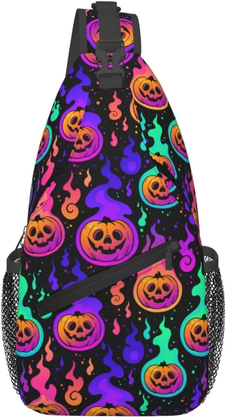 Halloween Bright Pumpkins Burning With Flames Crossbody Sling Bag For Women Men Adjustable Lightweight Chest Bag Shoulder Bag Sling Backpack Casual Daypack For Sport Travel Hiking