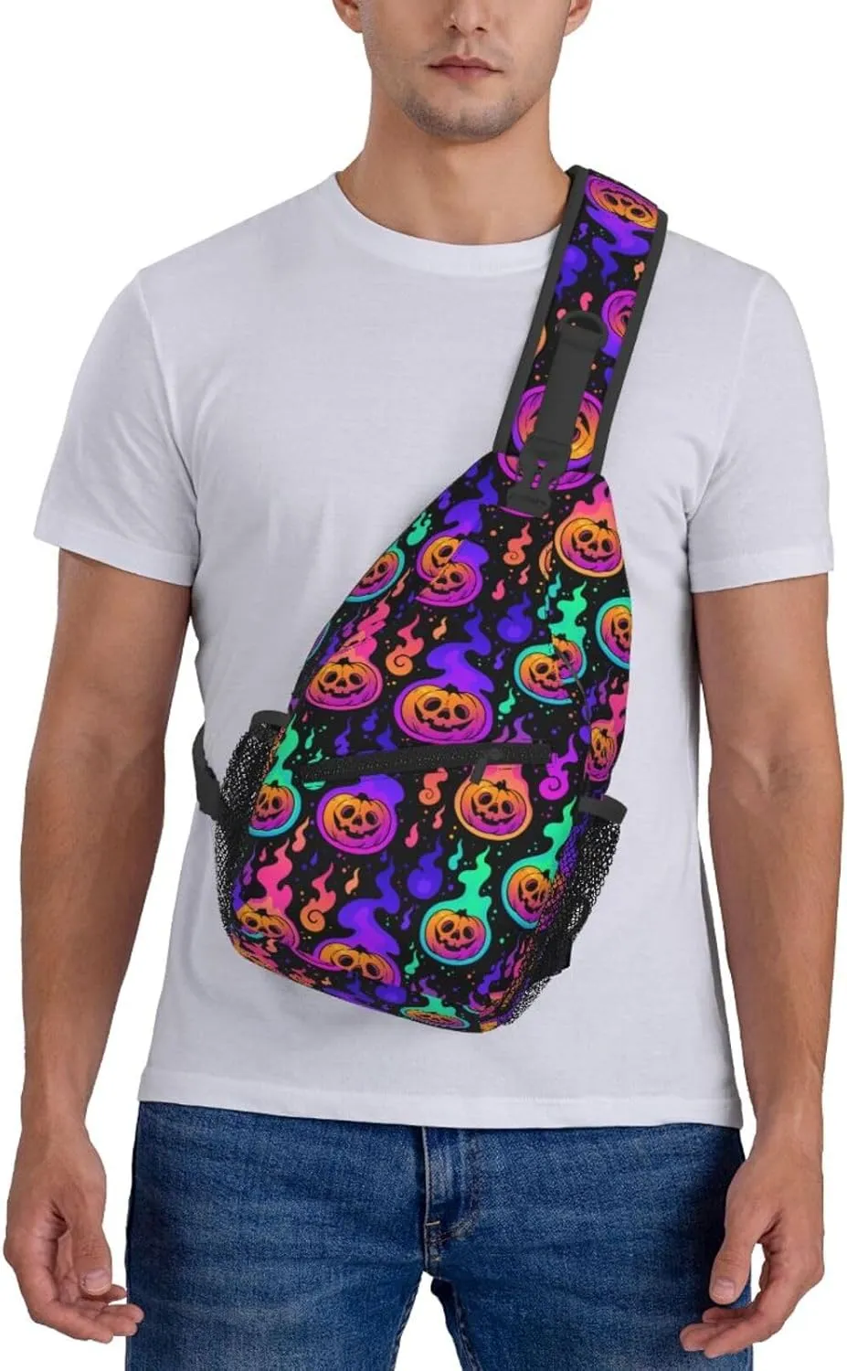 Halloween Bright Pumpkins Burning With Flames Crossbody Sling Bag For Women Men Adjustable Lightweight Chest Bag Shoulder Bag Sling Backpack Casual Daypack For Sport Travel Hiking