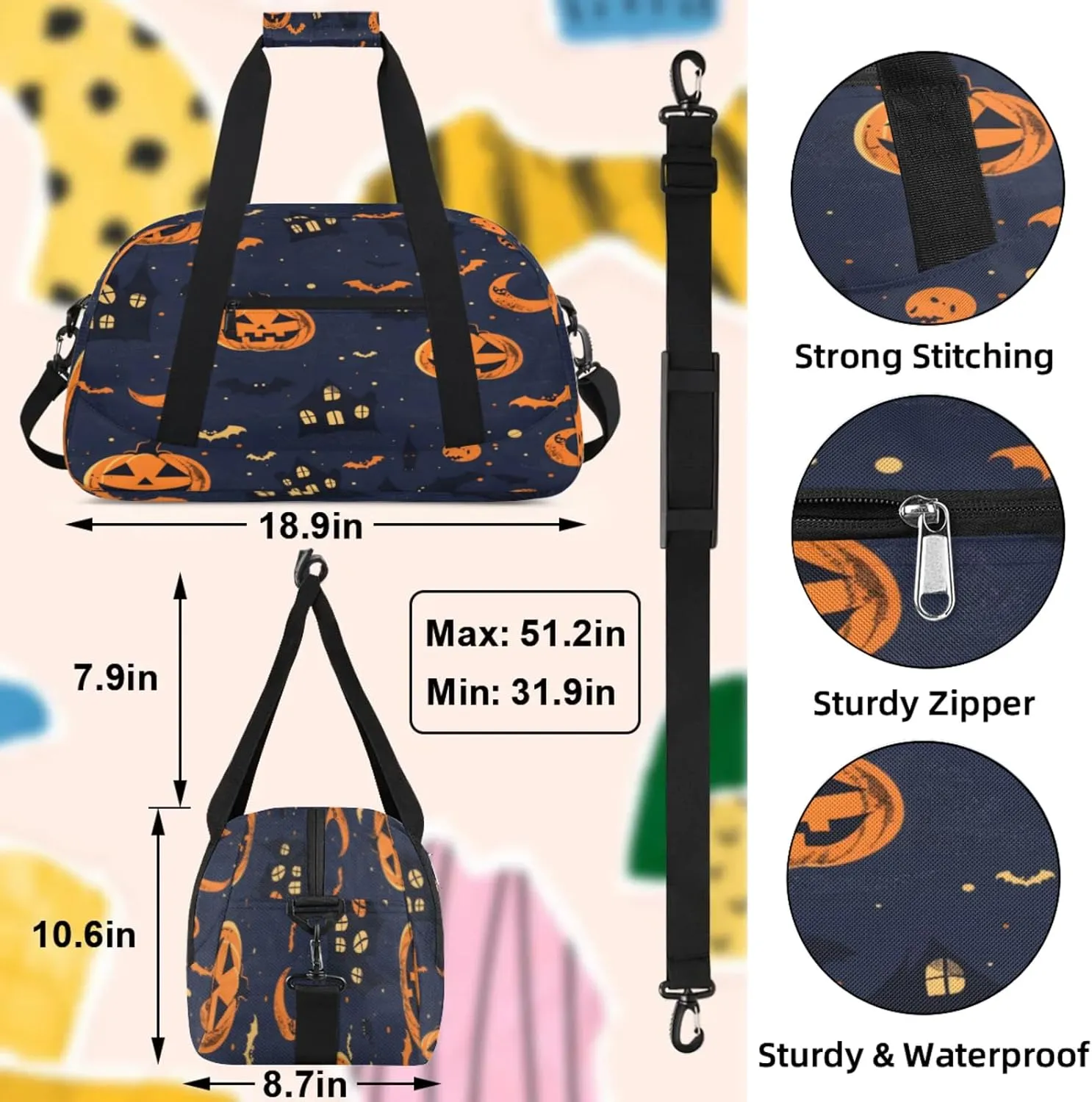 Halloween Pumpkin Bat Small Gym Bag 18 inch Carry On Duffel Bag for Weekender Travel Sports Workout Yoga Gymnastics Dance Ballet