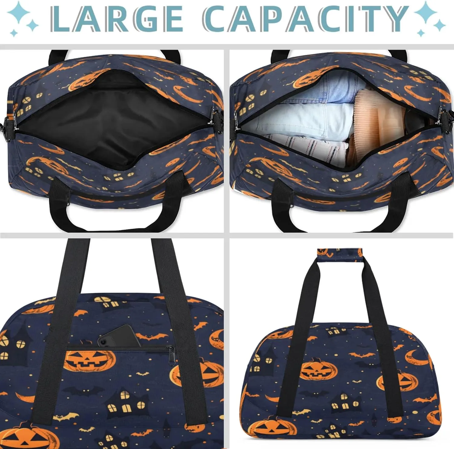 Halloween Pumpkin Bat Small Gym Bag 18 inch Carry On Duffel Bag for Weekender Travel Sports Workout Yoga Gymnastics Dance Ballet