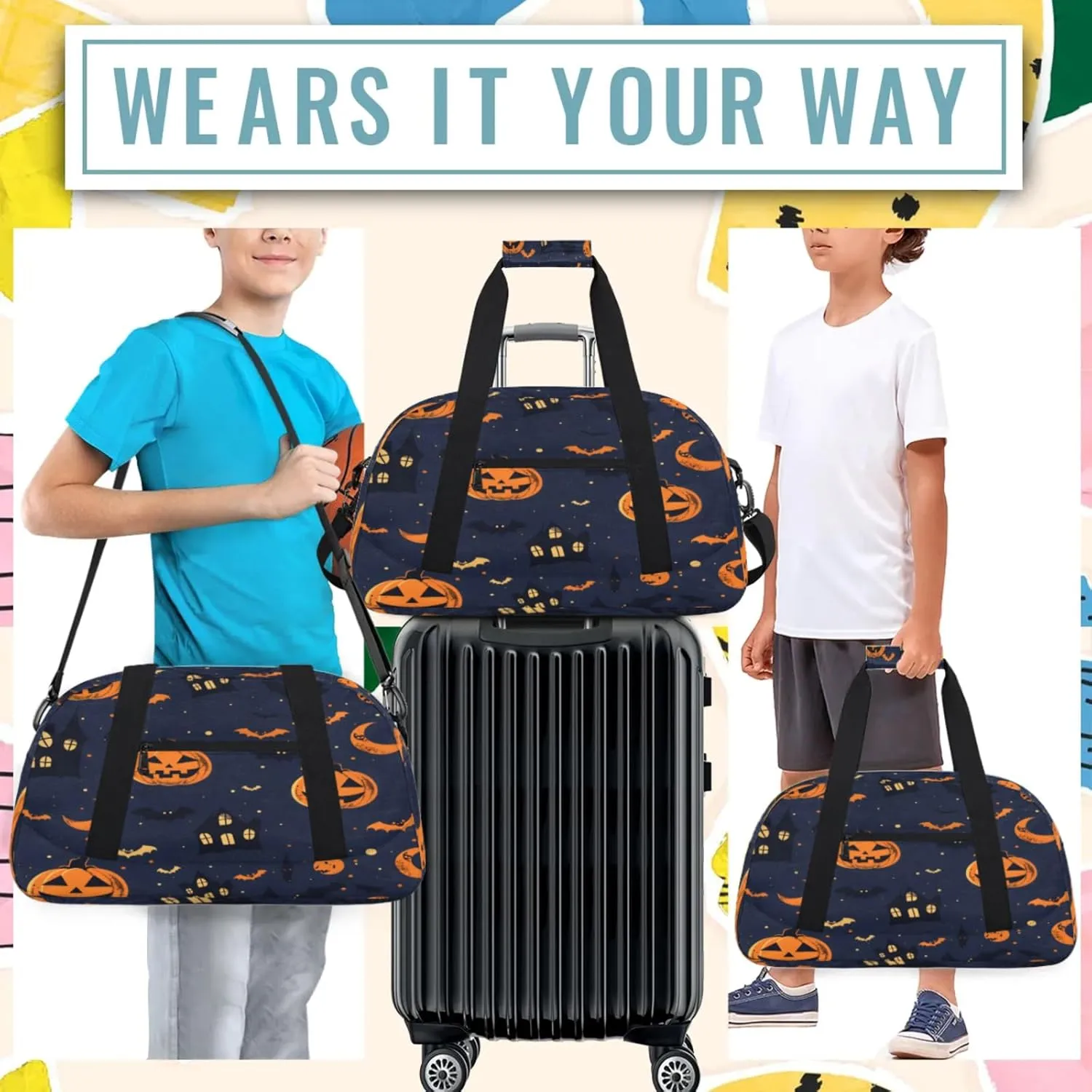 Halloween Pumpkin Bat Small Gym Bag 18 inch Carry On Duffel Bag for Weekender Travel Sports Workout Yoga Gymnastics Dance Ballet