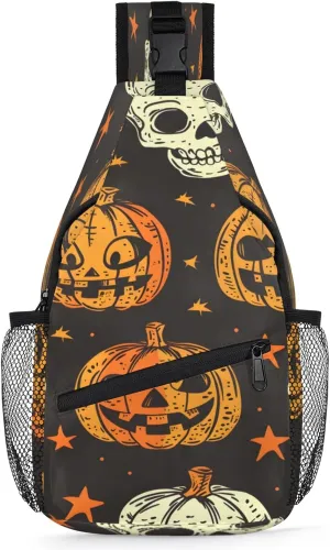 Halloween Skull Pumpkin Lamp Sling Bag for Women Men Crossbody Sling Backpack Anti Thief Travel Chest Backpack for Hiking Traveling Leisure