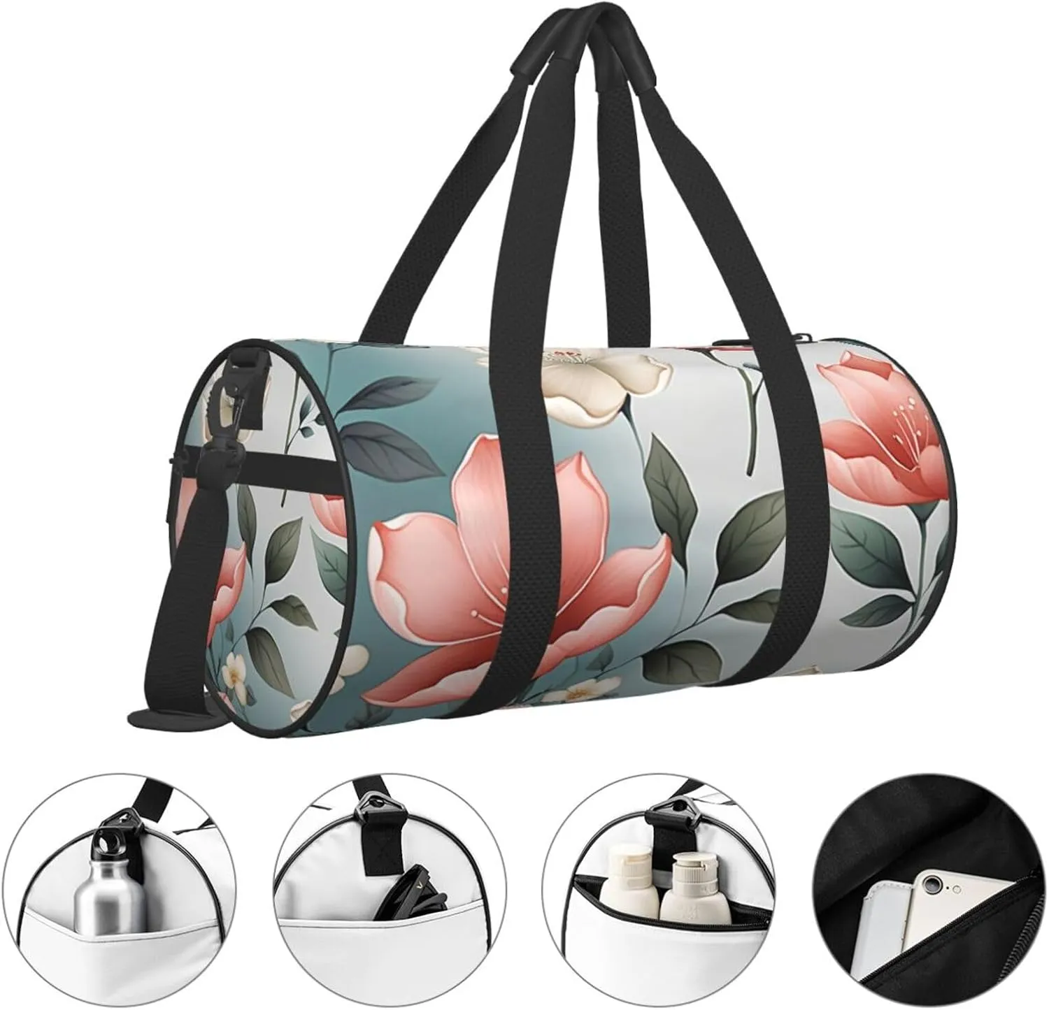 Hand painted flower Printed Travel Bag,Round Personal Item Storage bag,Foldie Duffel Bag for Traveling Vacation,Fitness,Sports