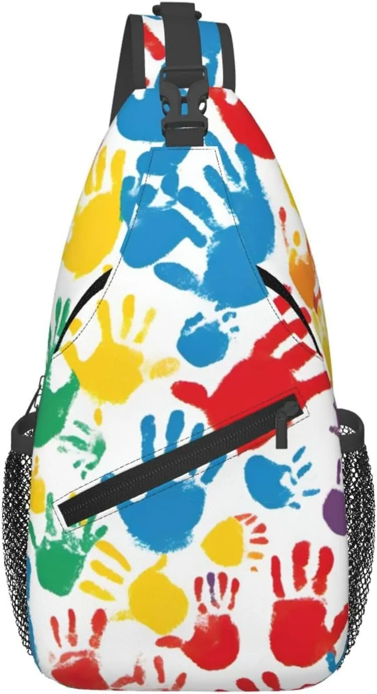 Hand Print Men'S Casual Chest Crossbody Bag, Lightweight Durable Shoulder Sling Pack For Daily Use, Travel, And Outdoor.
