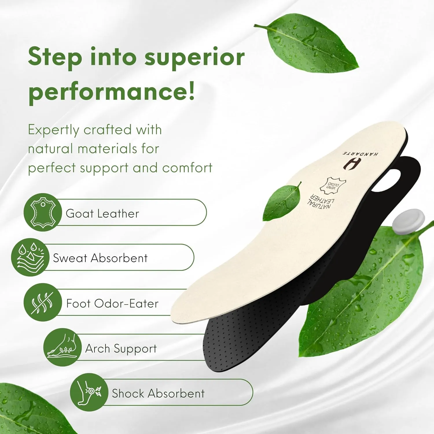 HANDARTE Leather Orthotic Insoles for Men | Arch Support Inserts for Flat Feet, Plantar Fasciitis & Overpronation | 100% Natural Goatskin - Chrome-Free, Anti-Sweat & Anti-Odor (US M9.5 | EU43)